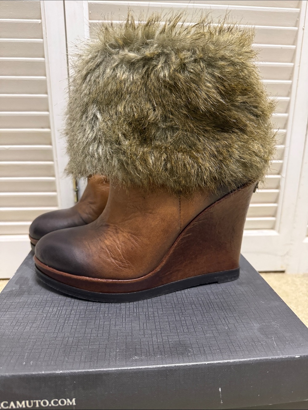 Vince Camuto Brown Faux Fur Cuff Wedge Booties